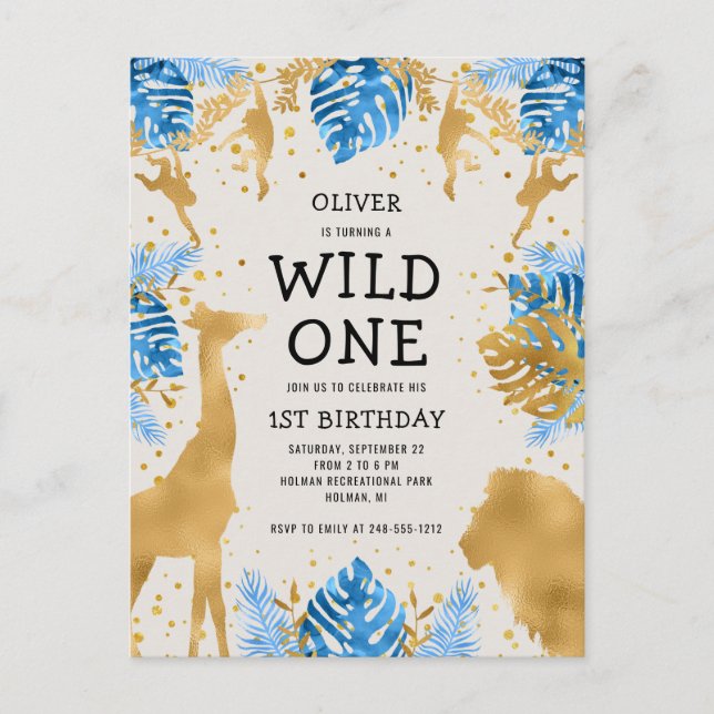 Boys 1st Birthday Party Blue Ecru Safari Invitation Postcard (Front)