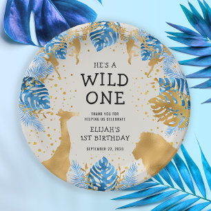 Boys 1st Birthday Party Blue Ecru Safari  Paper Plate