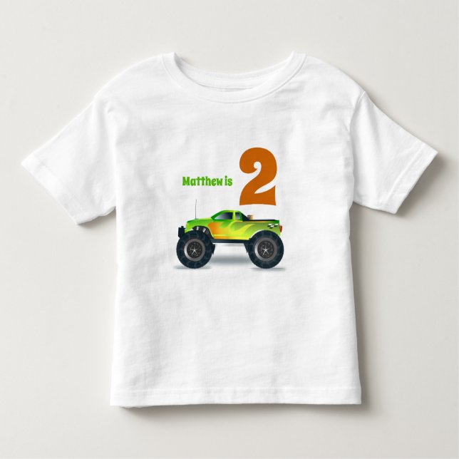Boys 2nd Birthday MONSTER TRUCK Add Name Toddler T-Shirt (Front)