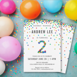 Boys 2nd Birthday Party, Primary Colour Confetti Invitation