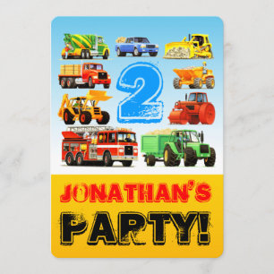 Boy's 2nd Birthday Truck Vehicles Party Invitation