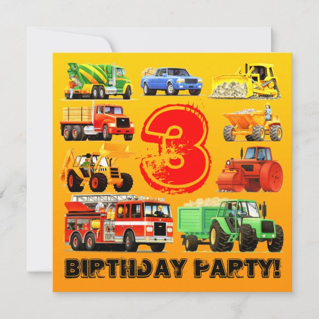 Boy's 3rd Birthday Party Custom Construction Truck Invitation (Front)