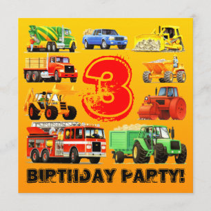 Boy's 3rd Birthday Party Custom Construction Truck Invitation
