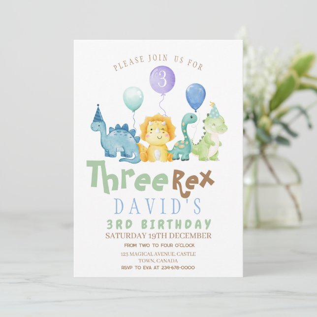 Boys 3rd Dino Birthday Party  Invitation (Standing Front)