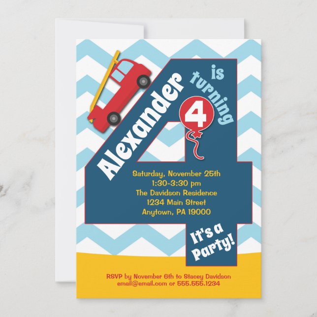 Boys 4th Birthday Invitation Fire Truck (Front)