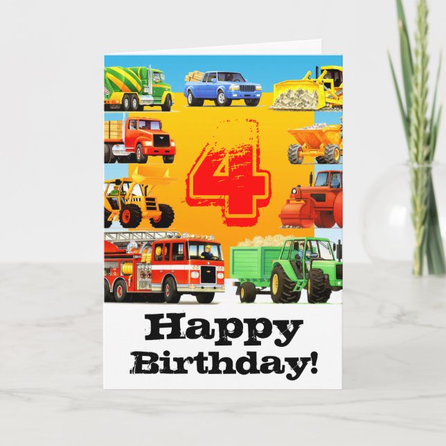 Boy's 4th Birthday Trucks Card (Front)