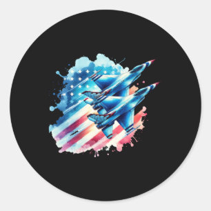 Boys 4th Of July American Usa Flag Fighter Jet 2 Classic Round Sticker