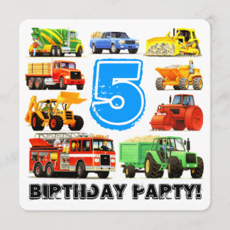 Boys 5th Birthday Construction Truck Party Invitation