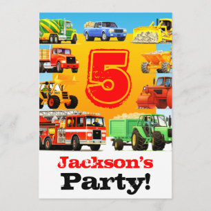 Boys 5th Birthday Construction Trucks Party Invitation