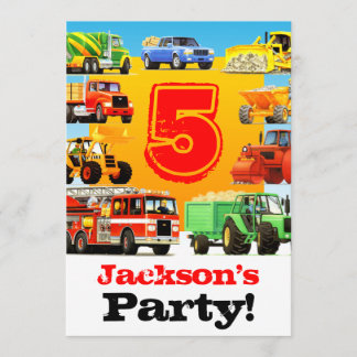 Boys 5th Birthday Construction Trucks Party Invitation