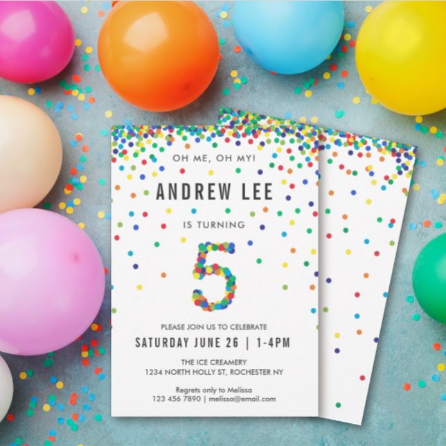 Boys 5th Birthday Party, Primary Colour Confetti Invitation (Creator Uploaded)