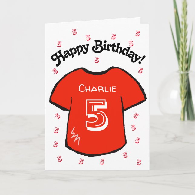 boy's 5th birthday red football shirt card (Front)