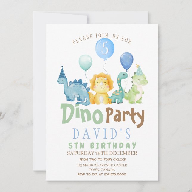 Boys 5th Dino Birthday Party  Invitation (Front)