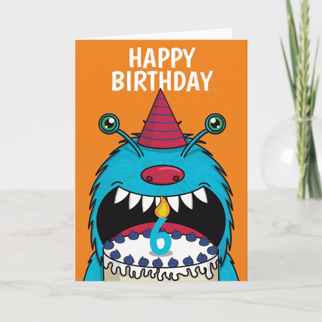 Boys 6th Birthday Blue Monster Cute Card (Front)