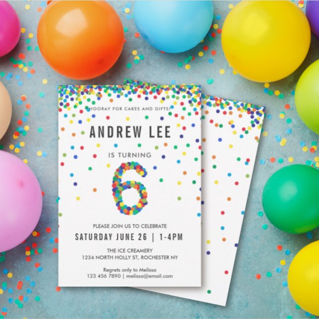 Boys 6th Birthday Party, Primary Colour Confetti Invitation (Creator Uploaded)