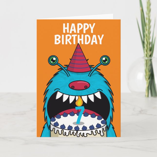 Boys 7th Birthday Blue Monster Cute Card (Front)