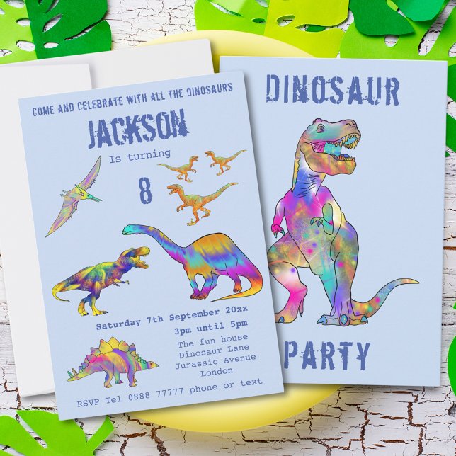 Boys 8th Birthday Dinosaur T Rex Roar Party Blue Invitation (Colorful dinosaur 8th birthday party invitation with T-Rex velociraptor stegosaurus brontosaurus )