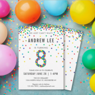 Boys 8th Birthday Party, Primary Colour Confetti Invitation