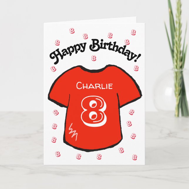 boy's 8th birthday red football shirt card (Front)