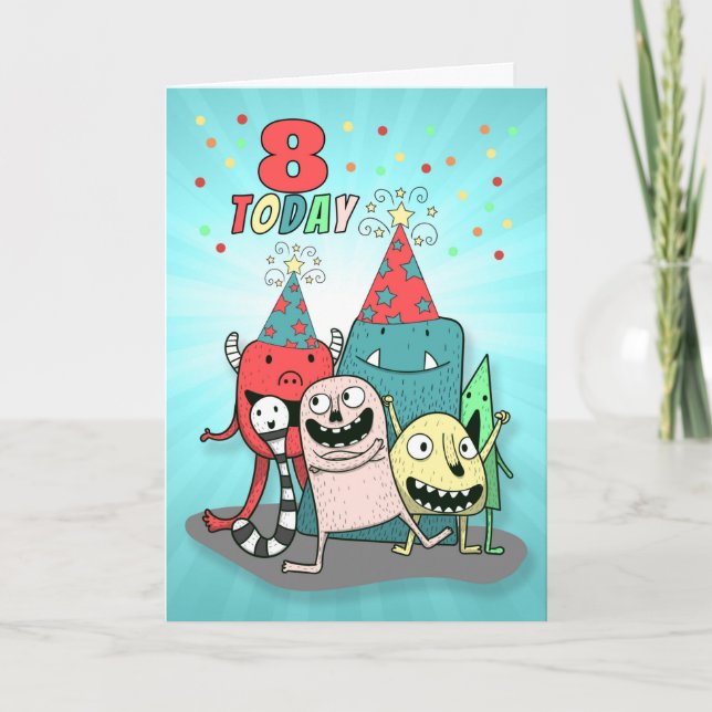 Boy's 8th Colourful Monster Birthday Card (Front)