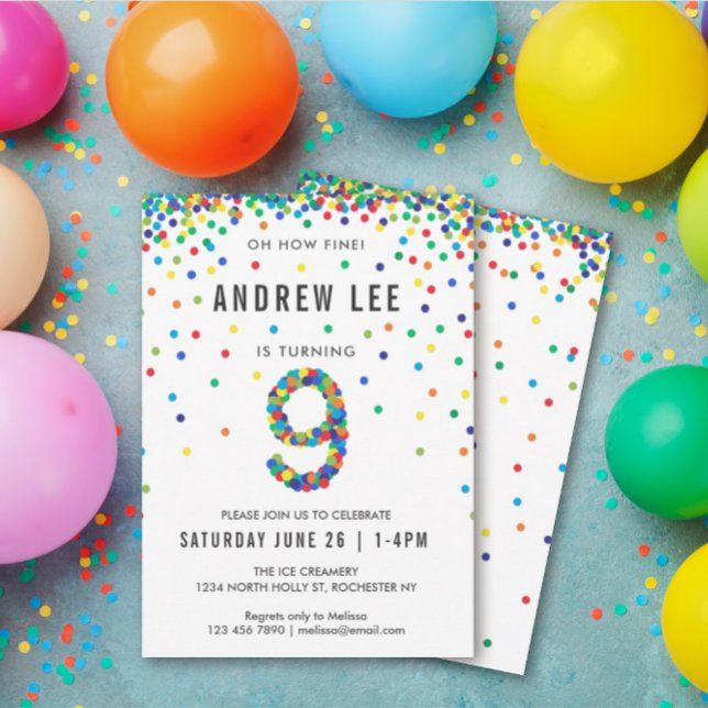 Boys 9th Birthday Party, Primary Colour Confetti Invitation (Creator Uploaded)