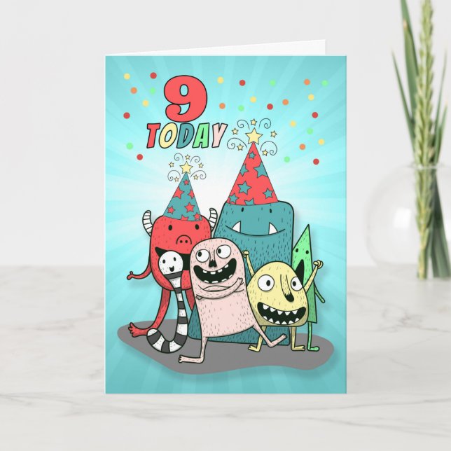 Boys 9th Birthday Red and Blue Cartoon Monsters Holiday Card (Front)