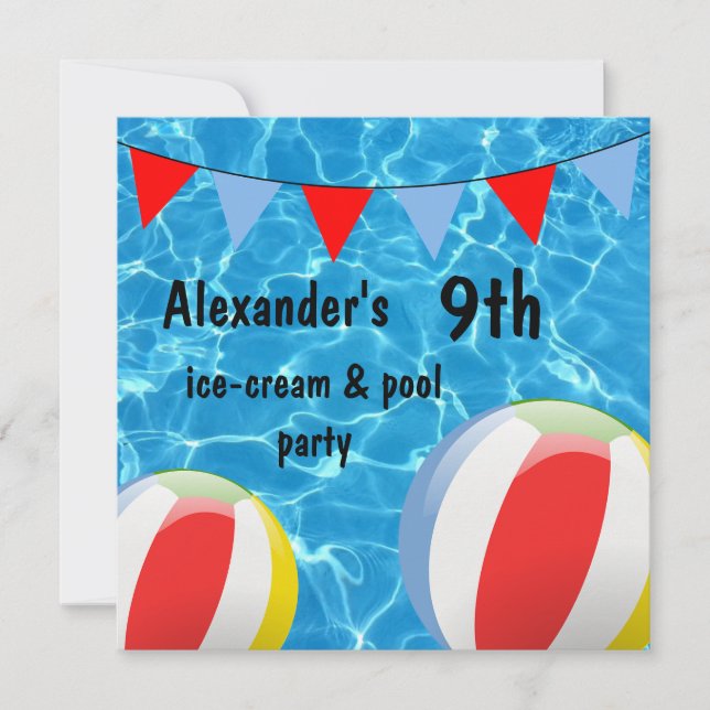 Boy's 9th Ice-Cream & pool Party Invitation (Front)