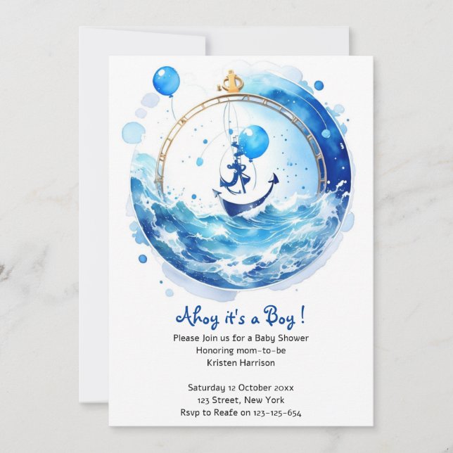 Boy's Adventure Nautical Watercolor Baby Shower Invitation (Front)