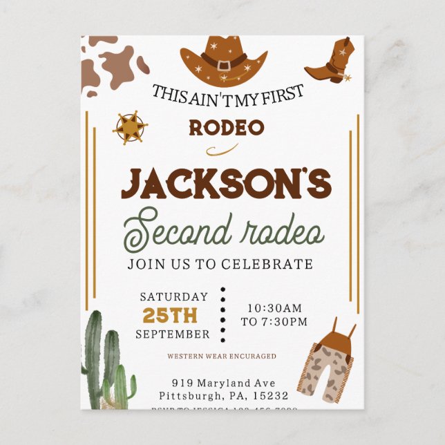 Boys Ain't My First Rodeo Cowboy 2nd Birthday Postcard (Front)