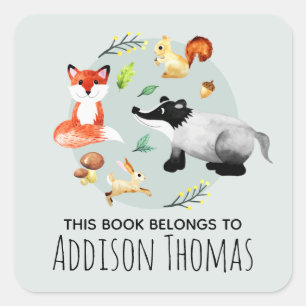 Boys Animals This Book Belongs Name Kids Bookplate Square Sticker