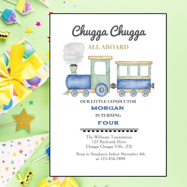 Boy's Any Age Birthday Blue Train Chugga Choo   Invitation (Creator Uploaded)