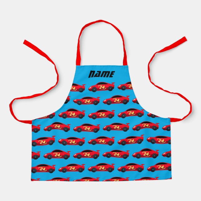 Boy's apron with small red racecar design print (Front)