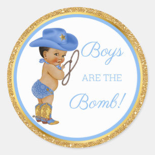Boys are the Bomb! Cowboy Bath Gift Etc Blue Gold Classic Round Sticker