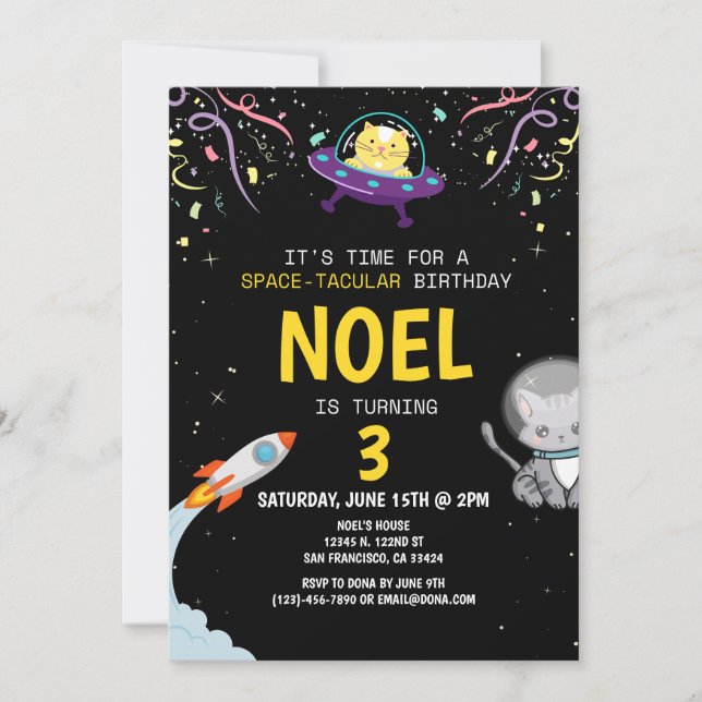 Boys Astronaut Cat Black Kids Birthday Invitation (Front)
