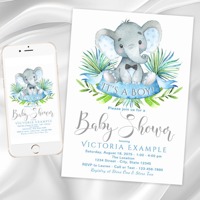 Boys Baby Elephant Baby Shower Invitations (Boy elephant baby shower invitation. Instant download and printed available.)