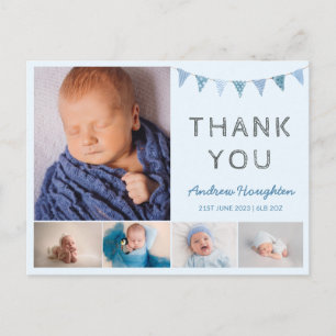Boys baby thank you card with photos, baby blue