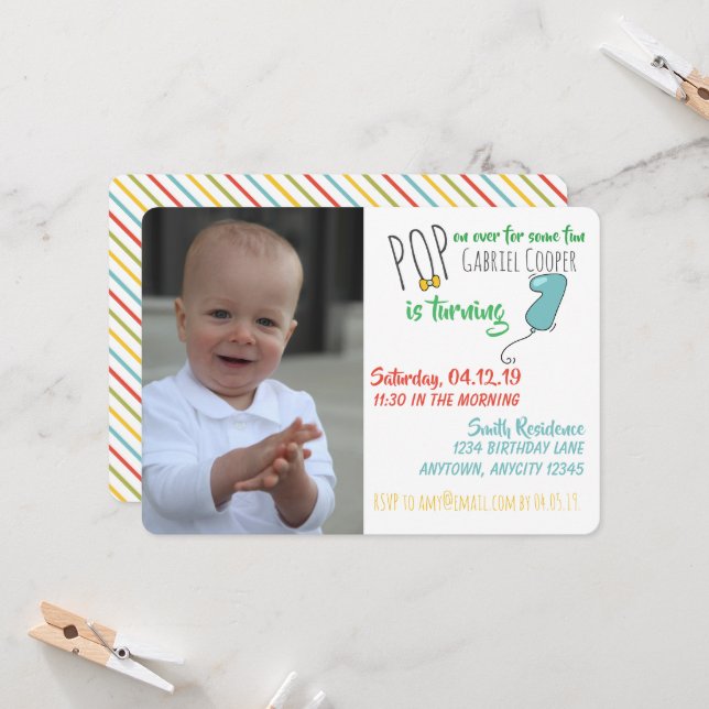 Boys Balloon 1st Birthday Invite - Downloadable (Front/Back In Situ)