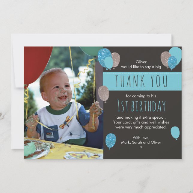 Boys balloon birthday thank you card (Front)