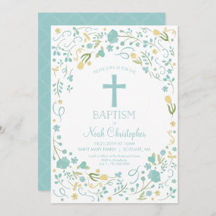 Boy's Baptism Invitation Beautiful Cross, Flowers