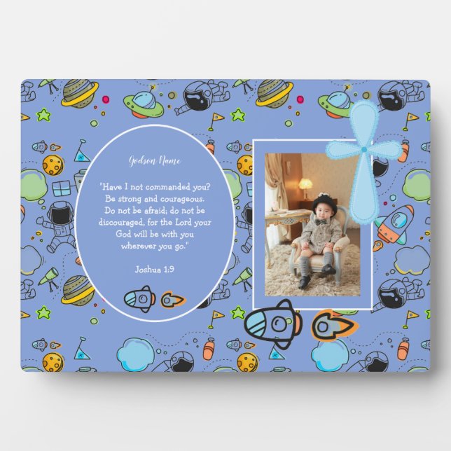 Boys Baptism PHOTO and Bible Verse Catholic Gift Plaque (Front)