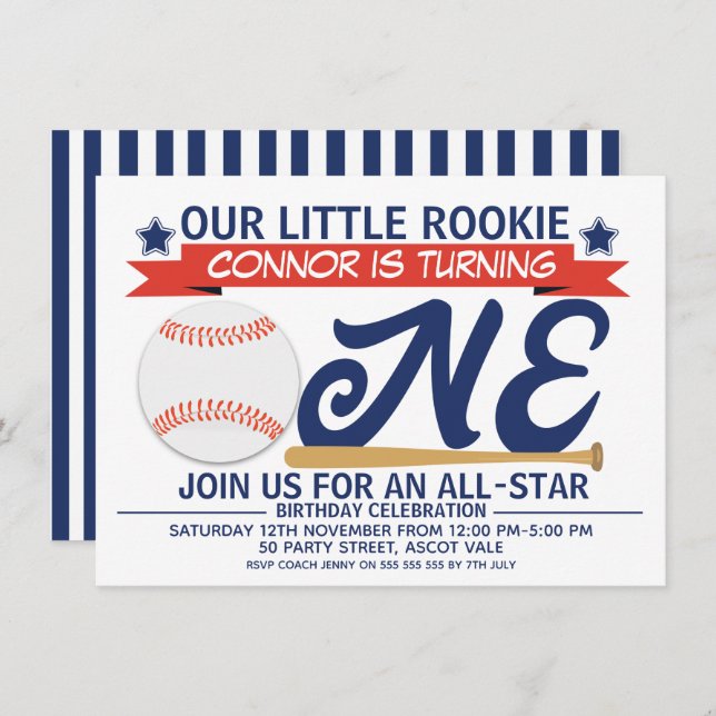 Boy's Baseball 1st Birthday Party Invitation (Front/Back)