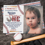 Boys Baseball 1st Birthday Photo Thank You Card<br><div class="desc">Say thank you in style with these trendy 1st birthday thank you cards. The template wording is easy to personalise and your family and friends will be thrilled when they receive these fabulous thank yous.</div>