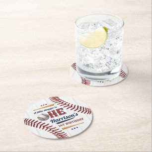 Boys Baseball 1st Birthday Round Paper Coaster