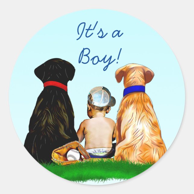 Boy's Baseball and Dogs Themed Baby Shower Classic Round Sticker (Front)