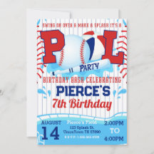 Boys Baseball Birthday Pool Party Invitation 