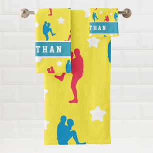 Boys Baseball Colourful Player Star Name & Number Bath Towel Set