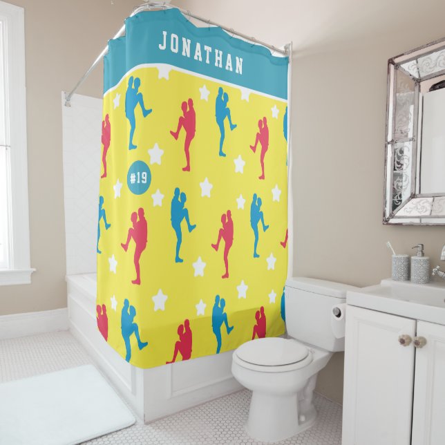 Boys Baseball Colourful Player Star Name & Number  Shower Curtain (In Situ)