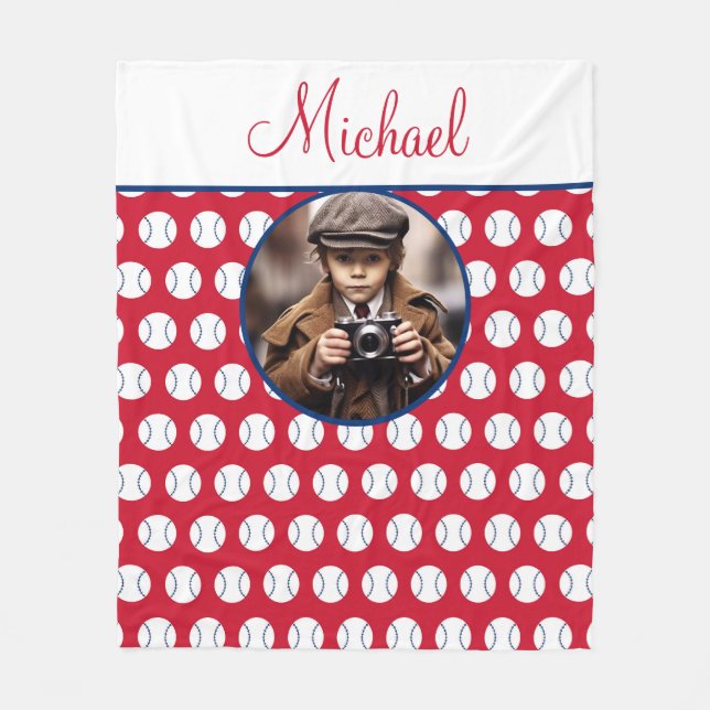 Boys Baseball Red White Blue Custom Photo w/ Name Fleece Blanket (Front)