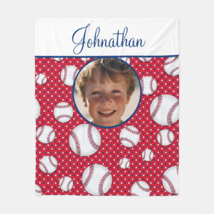 Boys Baseball Red White Blue Custom Photo w/ Name Fleece Blanket