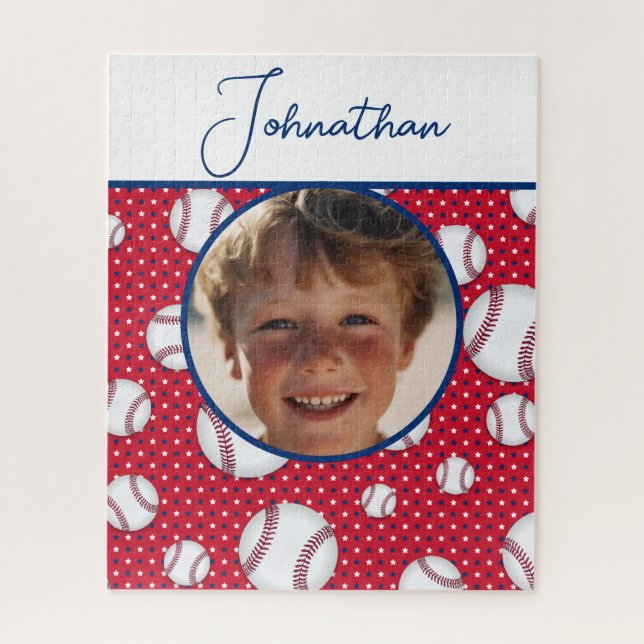 Boys Baseball Red White Blue Custom Photo w/ Name Jigsaw Puzzle (Vertical)